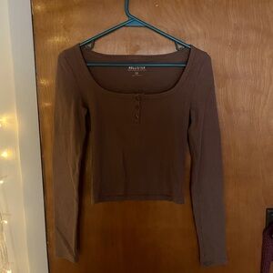 Hollister Brown Cream Long Sleeve Crop Blouse